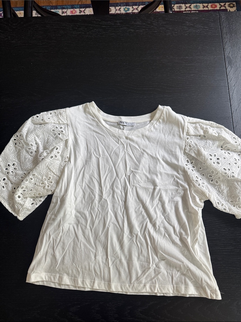 Zara White Eyelet Puff Sleeve Tee Top